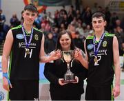 21 January 2020; Mercy Mounthawk co-captains Daire Kennelly, left, and Steven Bowler are presented with the cup by Basketball Ireland Chief Operations Officer Louise O'Loughlin after the Basketball Ireland U19 A Boys Schools Cup Final match between Mercy Mounthawk and St Patrick's Castleisland at the National Basketball Arena in Tallaght, Dublin. Photo by Brendan Moran/Sportsfile