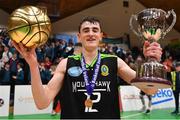 21 January 2020; Steven Bowler of Mercy Mounthawk celebrates with his MVP award and the cup after the Basketball Ireland U19 A Boys Schools Cup Final match between Mercy Mounthawk and St Patrick's Castleisland at the National Basketball Arena in Tallaght, Dublin. Photo by Brendan Moran/Sportsfile