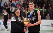 21 January 2020; Steven Bowler of Mercy Mounthawk is presented with the MVP award by Basketball Ireland Chief Operations Officer Louise O'Loughlin after the Basketball Ireland U19 A Boys Schools Cup Final match between Mercy Mounthawk and St Patrick's Castleisland at the National Basketball Arena in Tallaght, Dublin. Photo by Brendan Moran/Sportsfile