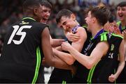 21 January 2020; Steven Bowler of Mercy Mounthawk is congratulated by his team-mates after being named MVP after the Basketball Ireland U19 A Boys Schools Cup Final match between Mercy Mounthawk and St Patrick's Castleisland at the National Basketball Arena in Tallaght, Dublin. Photo by Brendan Moran/Sportsfile