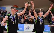 21 January 2020; Mercy Mounthawk co-captains Daire Kennelly, left, and Steven Bowler celebrate with the cup after the Basketball Ireland U19 A Boys Schools Cup Final match between Mercy Mounthawk and St Patrick's Castleisland at the National Basketball Arena in Tallaght, Dublin. Photo by Brendan Moran/Sportsfile