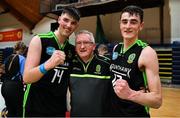 21 January 2020; Mercy Mounthawk co-captains Daire Kennelly, left, and Steven Bowler with assistant coach Jimmy Diggins after the Basketball Ireland U19 A Boys Schools Cup Final match between Mercy Mounthawk and St Patrick's Castleisland at the National Basketball Arena in Tallaght, Dublin. Photo by Brendan Moran/Sportsfile