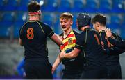 21 January 2020; Paddy Byrne of Temple Carrig School celebrates with team-mates after scoring his sides second try during the Bank of Ireland Vinnie Murray Cup Semi-Final match between Temple Carrig School and The High School at Energia Park in Dublin. Photo by Sam Barnes/Sportsfile