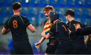 21 January 2020; Paddy Byrne of Temple Carrig School celebrates with team-mates after scoring his sides second try during the Bank of Ireland Vinnie Murray Cup Semi-Final match between Temple Carrig School and The High School at Energia Park in Dublin. Photo by Sam Barnes/Sportsfile