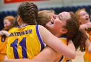 21 January 2020; Aoife Scanlan of St Joseph's celebrates with team-mate Katie Dunworth after the Basketball Ireland U16 C Girls Schools Cup Final match between St Nathy's College and St Joseph's, Ballybunion at the National Basketball Arena in Tallaght, Dublin. Photo by Daniel Tutty/Sportsfile
