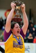 21 January 2020; St Joseph's captain Millie Byrne lifts the cup after the Basketball Ireland U16 C Girls Schools Cup Final match between St Nathy's College and St Joseph's, Ballybunion at the National Basketball Arena in Tallaght, Dublin. Photo by Brendan Moran/Sportsfile