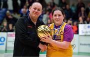 21 January 2020; St Joseph's captain Millie Byrne is presented with the MVP by PJ Reidy of the Post Primary Schools Committee of Basketball Ireland after the Basketball Ireland U16 C Girls Schools Cup Final match between St Nathy's College and St Joseph's, Ballybunion at the National Basketball Arena in Tallaght, Dublin. Photo by Brendan Moran/Sportsfile