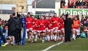 18 January 2020; The Ulster squad during their warm up before the Heineken Champions Cup Pool 3 Round 6 match between Ulster and Bath at Kingspan Stadium in Belfast. Photo by Oliver McVeigh/Sportsfile