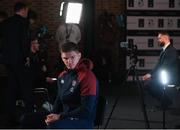 22 January 2020; England captain Owen Farrell is interviewed alongside his father and Ireland head coach Andy Farrell during the Guinness Six Nations Rugby Championship Launch 2020 at Tobacco Dock in London, England. Photo by Ramsey Cardy/Sportsfile