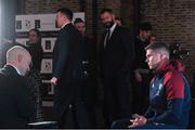 22 January 2020; England captain Owen Farrell is interviewed as his father and Ireland head coach Andy Farrell looks on during the Guinness Six Nations Rugby Championship Launch 2020 at Tobacco Dock in London, England. Photo by Ramsey Cardy/Sportsfile