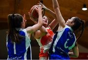22 January 2020; Jasmine Burke of Scoil Chríost Rí, Portlaoise in action against Tara Freeman, left, and Illana Fitzgerald of Our Lady of Mercy, Waterford United during the Basketball Ireland U19 A Girls Schools Cup Final match between Our Lady of Mercy, Waterford and Scoil Chríost Rí, Portlaoise at the National Basketball Arena in Tallaght, Dublin. Photo by David Fitzgerald/Sportsfile
