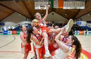 22 January 2020; Scoil Chríost Rí, Portlaoise players lift their captain and MVP winner Ciara Byrne following the Basketball Ireland U19 A Girls Schools Cup Final match between Our Lady of Mercy, Waterford United and Scoil Chríost Rí, Portlaoise at the National Basketball Arena in Tallaght, Dublin. Photo by David Fitzgerald/Sportsfile