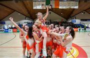 22 January 2020; Scoil Chríost Rí, Portlaoise players lift their captain and MVP winner Ciara Byrne following the Basketball Ireland U19 A Girls Schools Cup Final match between Our Lady of Mercy, Waterford United and Scoil Chríost Rí, Portlaoise at the National Basketball Arena in Tallaght, Dublin. Photo by David Fitzgerald/Sportsfile