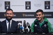 22 January 2020; Ireland captain Jonathan Sexton, right, and head coach Andy Farrell during the Guinness Six Nations Rugby Championship Launch 2020 at Tobacco Dock in London, England. Photo by Ramsey Cardy/Sportsfile