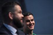 22 January 2020; Ireland captain Jonathan Sexton, right, and head coach Andy Farrell during the Guinness Six Nations Rugby Championship Launch 2020 at Tobacco Dock in London, England. Photo by Ramsey Cardy/Sportsfile