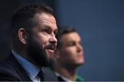 22 January 2020; Ireland head coach Andy Farrell, left, and captain Jonathan Sexton during the Guinness Six Nations Rugby Championship Launch 2020 at Tobacco Dock in London, England. Photo by Ramsey Cardy/Sportsfile