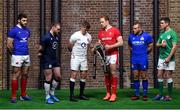 22 January 2020; Captains, from left, Charles Ollivon of France, Stuart Hogg of Scotland, Owen Farrell of England, Alun Wyn Jones of Wales, Luca Bigi of Italy, and Jonathan Sexton of Ireland during the Guinness Six Nations Rugby Championship Launch 2020 at Tobacco Dock in London, England. Photo by Ramsey Cardy/Sportsfile