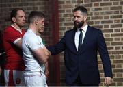 22 January 2020; Ireland head coach Andy Farrell with his son and England captain Owen Farrell during the Guinness Six Nations Rugby Championship Launch 2020 at Tobacco Dock in London, England. Photo by Ramsey Cardy/Sportsfile