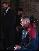 22 January 2020; England captain Owen Farrell is interviewed as his father and Ireland head coach Andy Farrell looks on during the Guinness Six Nations Rugby Championship Launch 2020 at Tobacco Dock in London, England. Photo by Ramsey Cardy/Sportsfile