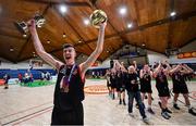 22 January 2020; MVP winner Killian Gribben of St Eunan's College, Letterkenny celebrates with his award and trophy following the Basketball Ireland U19 B Boys Schools Cup Final match between St Eunan's College, Letterkenny and Waterpark College at the National Basketball Arena in Tallaght, Dublin. Photo by David Fitzgerald/Sportsfile