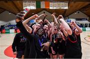 22 January 2020; St Eunan's College, Letterkenny coach Manny Peyton takes a selfie with the players and trophy following the Basketball Ireland U19 B Boys Schools Cup Final match between St Eunan's College, Letterkenny and Waterpark College at the National Basketball Arena in Tallaght, Dublin. Photo by David Fitzgerald/Sportsfile
