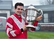 23 January 2020; Jockey Danny Mullins with the Thyestes Cup after winning the Goffs Thyestes Handicap Steeplechase with Total Recall at Gowran Park in Kilkenny. Photo by Matt Browne/Sportsfile