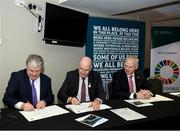 24 January 2020; Chairman CCMA Michael Walsh and Uachtarán Chumann Lúthchleas Gael John Horan sign with Chariman of the Local Autority Cliamte Change Steering Group Ciarán Hayes at the GAA Local Authority SDG Launch at Croke Park in Dublin. Photo by Harry Murphy/Sportsfile