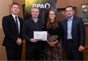 24 January 2020; Ciaran Deely receives his certificate from GPA CEO Paul Flynn, left, Chairperson of the WGPA Maria Kinsella, and Chairman of Ronoc Michael Madden during the Jim Madden GPA Leadership Programme Graduation for 2019 at NUI Maynooth in Maynooth, Co Kildare. Photo by Matt Browne/Sportsfile