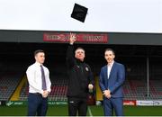 24 January 2020; Bohemian FC Manager Keith Long, centre, with NCI Sport Officer Stephen Cleary, left, and NCI Head of Sport Deryck Tormey, right, pictured at the launch of the National College of Ireland's partnership with Bohemian FC at Dalymount Park in Dublin. Photo by Harry Murphy/Sportsfile
