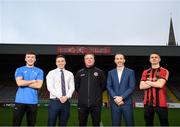 24 January 2020; Pictured is, from left, Danny Grant of Bohemian FC, NCI Sports Officer Stephen Cleary, Bohemian FC Manager Keith Long, NCI Head of Sport Deryck Tormey and Paddy Kirk of Bohemian FC at the launch of the National College of Ireland's partnership with Bohemian FC at Dalymount Park in Dublin. Photo by Harry Murphy/Sportsfile