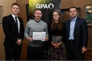 24 January 2020; Paul Cahillane, Laois Football, with, from left, Paul Flynn, GPA, CEO, Maria Kinsella, Chairperson of the WGPA, and Michael Madden, Chairman of Ronoc, in attendance at the Jim Madden GPA Leadership Programme Graduation for 2019 at NUI Maynooth in Maynooth, Co Kildare. Photo by Matt Browne/Sportsfile