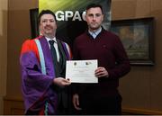 24 January 2020; Mark McGuire, Dean of Social Science at NUI Maynooth with Eoghan Ruth, Carlow Football, in attendance at the Jim Madden GPA Leadership Programme Graduation for 2019 at NUI Maynooth in Maynooth, Co Kildare. Photo by Matt Browne/Sportsfile