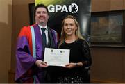 24 January 2020; Mark McGuire, Dean of Social Science at NUI Maynooth with Clare Owens, Leitrim Football, in attendance at the Jim Madden GPA Leadership Programme Graduation for 2019 at NUI Maynooth in Maynooth, Co Kildare. Photo by Matt Browne/Sportsfile