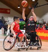 24 January 2020; Michael Cunningham of Killester WBC shoots for a basket despite the attentions of Conor Coughlan of Rebel Wheelers during the Hula Hoops IWA Wheelchair Basketball Cup Final match between Killester WBC and Rebel Wheelers at the National Basketball Arena in Tallaght, Dublin. Photo by Brendan Moran/Sportsfile
