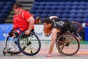 24 January 2020; John Fulham of Killester WBC is fouled by Jack Quinn of Rebel Wheelers during the Hula Hoops IWA Wheelchair Basketball Cup Final match between Killester WBC and Rebel Wheelers at the National Basketball Arena in Tallaght, Dublin. Photo by Brendan Moran/Sportsfile