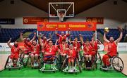 24 January 2020; The Rebel Wheelers team celebrate with the cup after after the Hula Hoops IWA Wheelchair Basketball Cup Final match between Killester WBC and Rebel Wheelers at the National Basketball Arena in Tallaght, Dublin. Photo by Brendan Moran/Sportsfile