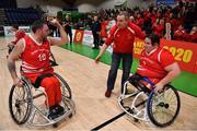 24 January 2020; Derek Hegarty, left, and Jack Quinn of Rebel Wheelers celebrate after the Hula Hoops IWA Wheelchair Basketball Cup Final match between Killester WBC and Rebel Wheelers at the National Basketball Arena in Tallaght, Dublin. Photo by Brendan Moran/Sportsfile