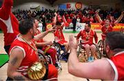 24 January 2020; Cormac O'Brien of Rebel Wheelers and his team-mates celebrate with the cup after the Hula Hoops IWA Wheelchair Basketball Cup Final match between Killester WBC and Rebel Wheelers at the National Basketball Arena in Tallaght, Dublin. Photo by Brendan Moran/Sportsfile
