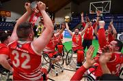 24 January 2020; The Rebel Wheelers team celebrate with the  cup after the Hula Hoops IWA Wheelchair Basketball Cup Final match between Killester WBC and Rebel Wheelers at the National Basketball Arena in Tallaght, Dublin. Photo by Brendan Moran/Sportsfile