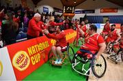 24 January 2020; Rebel Wheelers players celebrate with the cup and their fans after the Hula Hoops IWA Wheelchair Basketball Cup Final match between Killester WBC and Rebel Wheelers at the National Basketball Arena in Tallaght, Dublin. Photo by Brendan Moran/Sportsfile