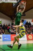 25 January 2020; James Connaire of Moycullen dunks the ball over Pairic Moran of UCD Marian during the Hula Hoops U20 Men’s National Cup Final between Moycullen and UCD Marian at the National Basketball Arena in Tallaght, Dublin. Photo by Brendan Moran/Sportsfile