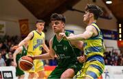 25 January 2020; Paul Kelly of Moycullen in action against Cian Steele of UCD Marian during the Hula Hoops U20 Men’s National Cup Final between Moycullen and UCD Marian at the National Basketball Arena in Tallaght, Dublin. Photo by Brendan Moran/Sportsfile