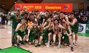 25 January 2020; The Moycullen team celebrate with the cup after the Hula Hoops U20 Men’s National Cup Final between Moycullen and UCD Marian at the National Basketball Arena in Tallaght, Dublin. Photo by Brendan Moran/Sportsfile