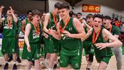 25 January 2020; Paul Kelly of Moycullen is congratulated by his team-mates after being announced as MVP after the Hula Hoops U20 Men’s National Cup Final between Moycullen and UCD Marian at the National Basketball Arena in Tallaght, Dublin. Photo by Brendan Moran/Sportsfile