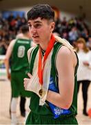 25 January 2020; An injured James Cummins of Moycullen with his medal after the Hula Hoops U20 Men’s National Cup Final between Moycullen and UCD Marian at the National Basketball Arena in Tallaght, Dublin. Photo by Brendan Moran/Sportsfile
