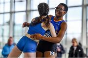 25 January 2020; Adeyemi Talabi of Longford A.C., Co. Longford, right, celebrates with Alannah McGuinness of Carrick-on-Shannon A.C., Co. Leitrim, after winning the Junior Women's 60m during the Irish Life Health National Indoor Junior and U23 Championships at the AIT Indoor Arena in Athlone, Westmeath. Photo by Sam Barnes/Sportsfile