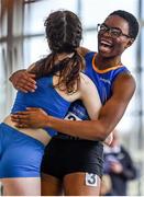 25 January 2020; Adeyemi Talabi of Longford A.C., Co. Longford, right, celebrates with Alannah McGuinness of Carrick-on-Shannon A.C., Co. Leitrim, after winning the Junior Women's 60m during the Irish Life Health National Indoor Junior and U23 Championships at the AIT Indoor Arena in Athlone, Westmeath. Photo by Sam Barnes/Sportsfile