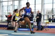 25 January 2020; Adeyemi Talabi of Longford A.C., Co. Longford, right, crosses the line to win the Junior Women's 60m during the Irish Life Health National Indoor Junior and U23 Championships at the AIT Indoor Arena in Athlone, Westmeath. Photo by Sam Barnes/Sportsfile