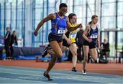 25 January 2020; Adeyemi Talabi of Longford A.C., Co. Longford, right, crosses the line to win the Junior Women's 60m during the Irish Life Health National Indoor Junior and U23 Championships at the AIT Indoor Arena in Athlone, Westmeath. Photo by Sam Barnes/Sportsfile