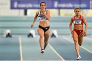 25 January 2020; Ciara Neville of Emerald A.C., Co. Limerick, left,  on her way to winning the U23 Women's 60m, ahead of Sarah Quinn of St. Colmans South Mayo A.C., Co. Mayo, who finished fourth, during the Irish Life Health National Indoor Junior and U23 Championships at the AIT Indoor Arena in Athlone, Westmeath. Photo by Sam Barnes/Sportsfile